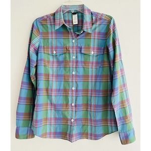 Patagonia | Women's Blue Roll Tab Sleeves Stripe Button Front Plaid Shirt